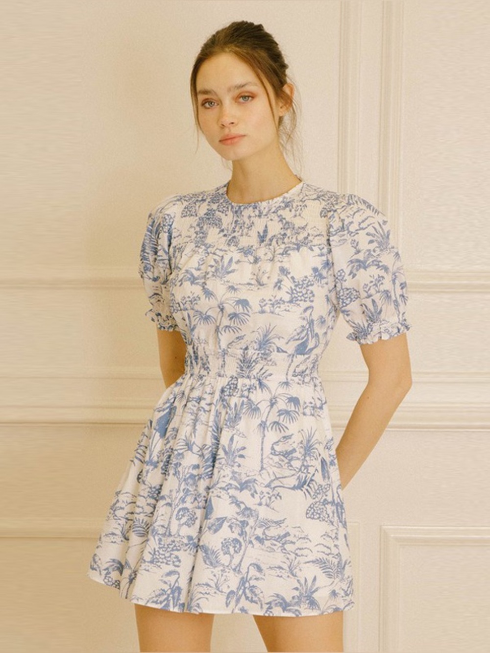 NWOT Storia Smocked Blue/White Island Print Puff-Sleeve Mini Dress, S, MSRP $190
